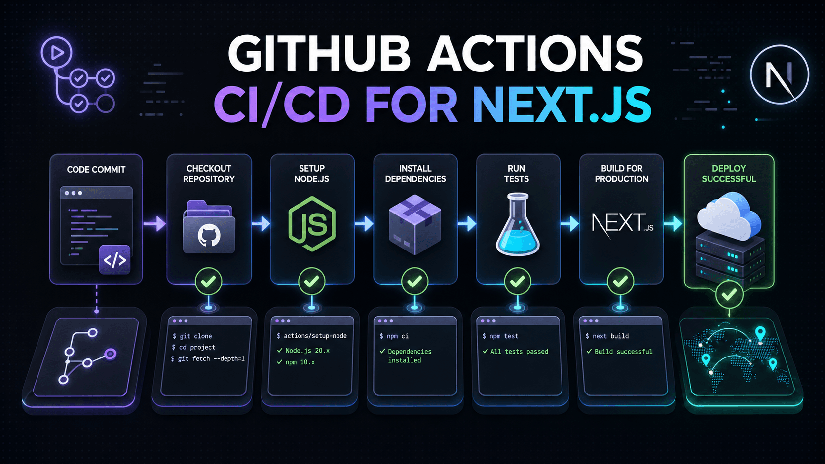 A GitHub Actions CI/CD pipeline for Next.js, from code commit to successful deployment